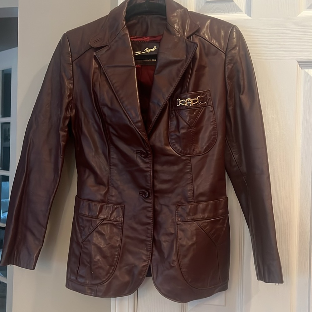 Etienne Aigner Burgundy Leather Blazer Jacket